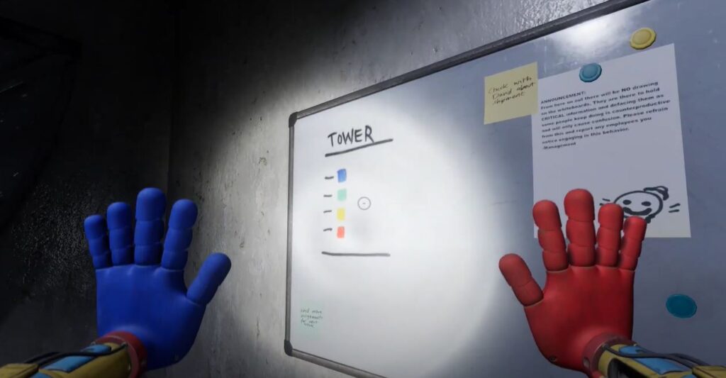 Unlock the locker by matching the whiteboard's color sequence with the tower numbers outside.